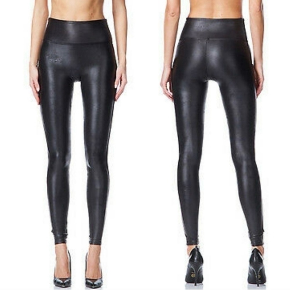 Spanx Faux Leather Black Shimmer Metallic Slimming Leggings Pants Women's XL - Picture 4 of 12